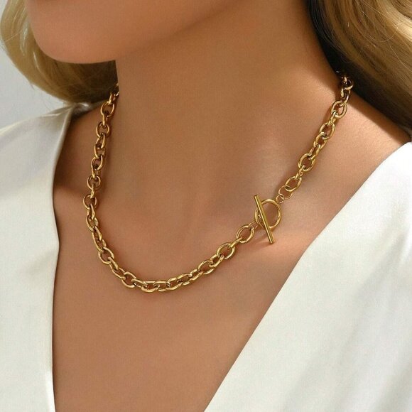 🆕Women Gold Cuban Choker Necklace Chunky Chain Clasp Toggle Herringbone Jewelry - Picture 3 of 7